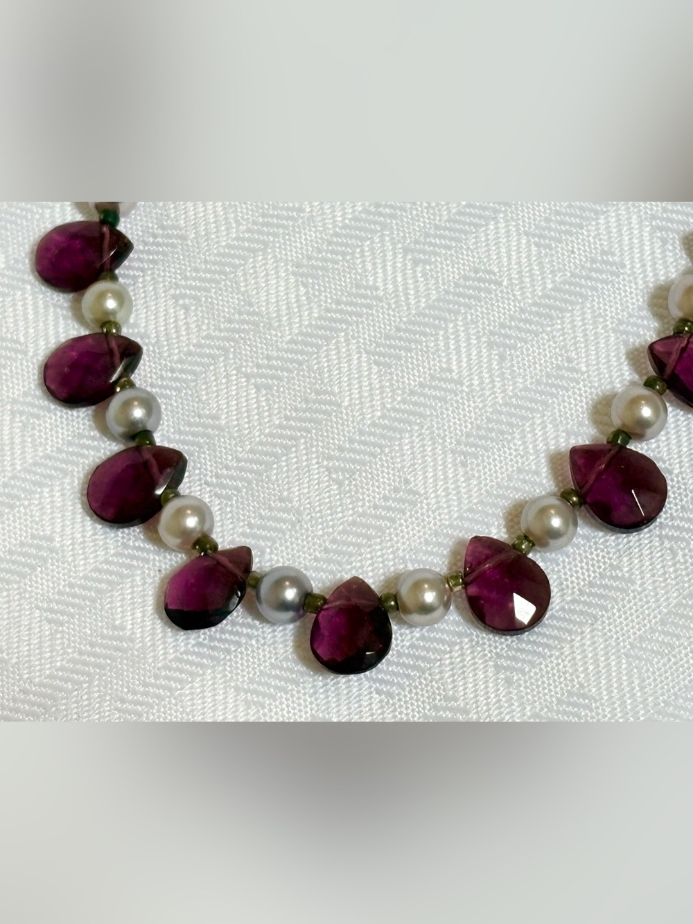 Faux Gray Pearl and Purple Teardrop Faceted Necklace